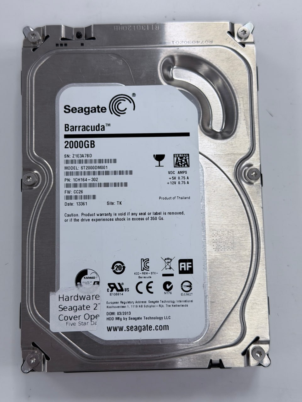 Seagate Barracuda ST2000DM001 2TB hard drive — drive as received at Five Star Data Recovery lab