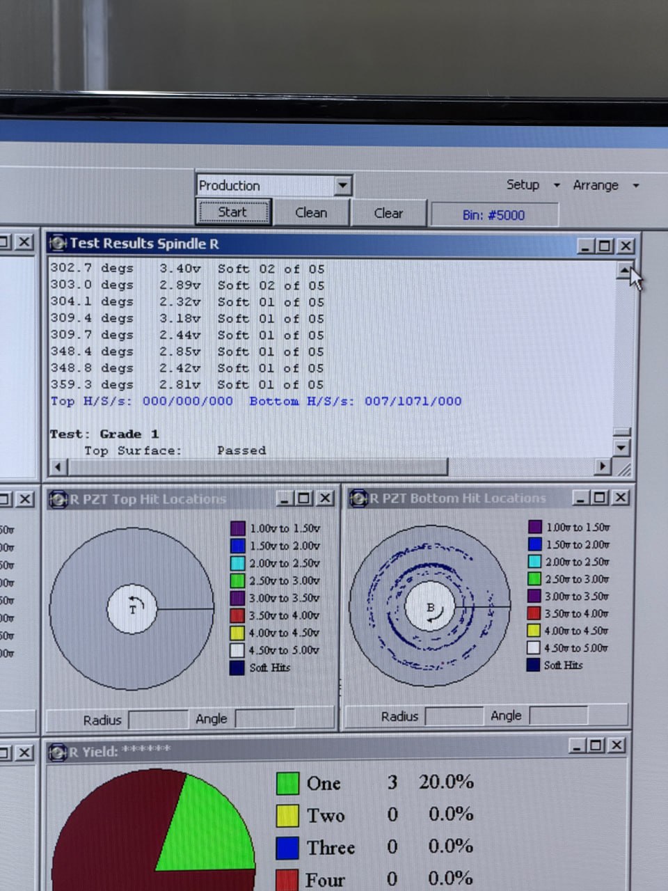 Platter burnishing machine scan before cleaning — 1,071 soft hits detected on bottom surface — hard drive contamination recovery